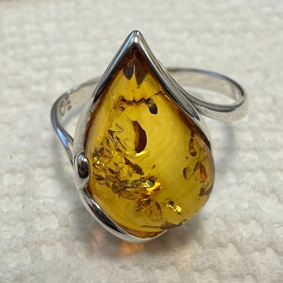 925 Sterling Silver Amber Teardrop Ring - Size 9.5 - Picture 15 of 15